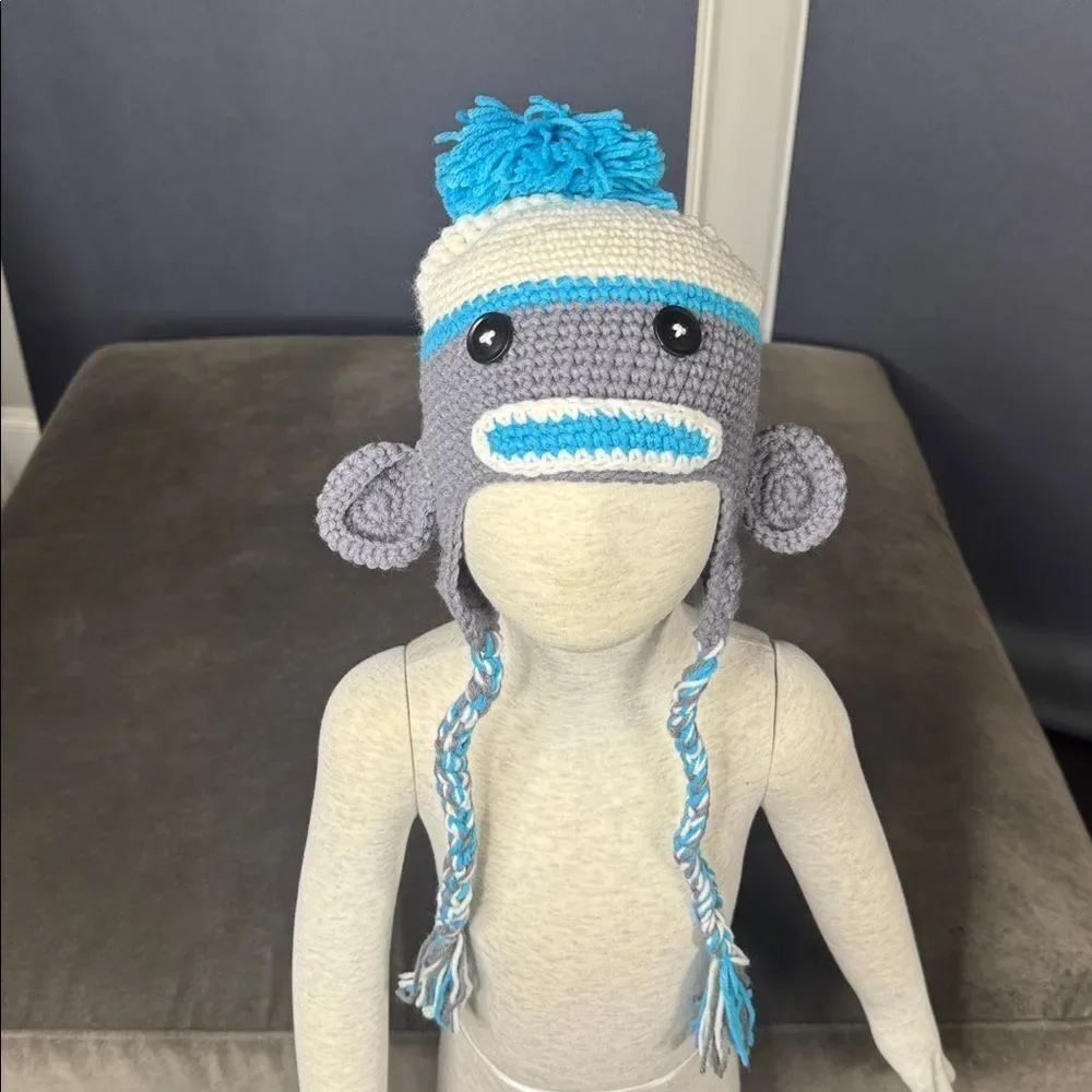 Daisy Baby Toddler Sock Monkey Beanie Hat Gray with Blue Pom 12-24 months NEW